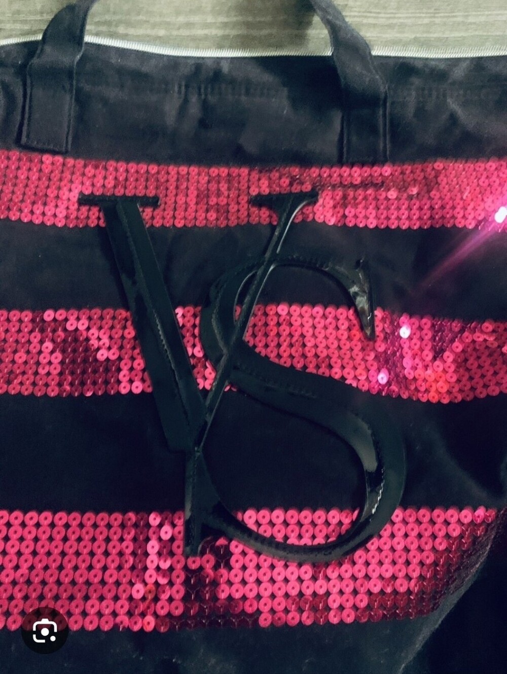 Victoria's Secret Black Tote with Hot Pink Sequin Stripes And Charm